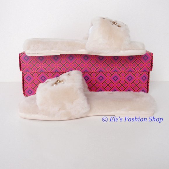 NIB Tory Burch Jeweled Double T Shearling Slipper Buttermilk US 7.5 8 8.5 9 9.5 - Picture 13 of 16